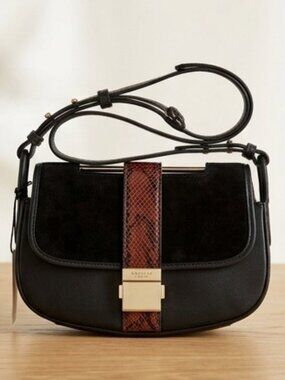 Like New Radley London Black Leather & Suede Crossbody Bag Snake Print Accent